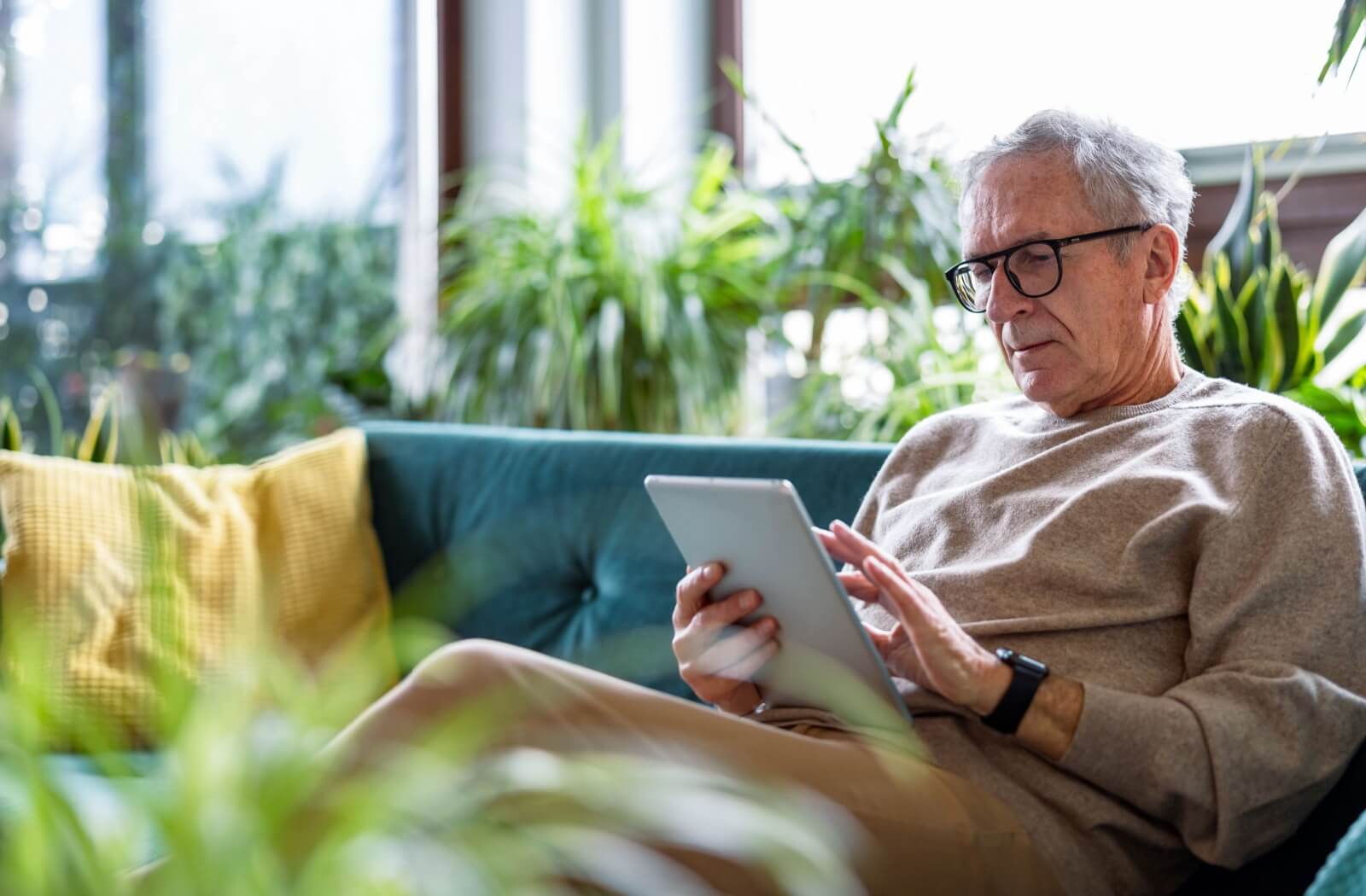 A senior reclines on a blue couch in a plant-filled living room while surfing the internet on a tablet