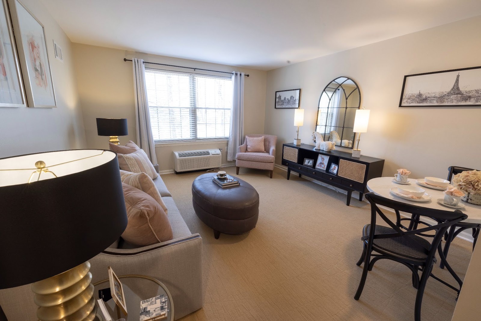A living room area of a senior apartment at Heatherwood, decorated to feel warm and inviting.
