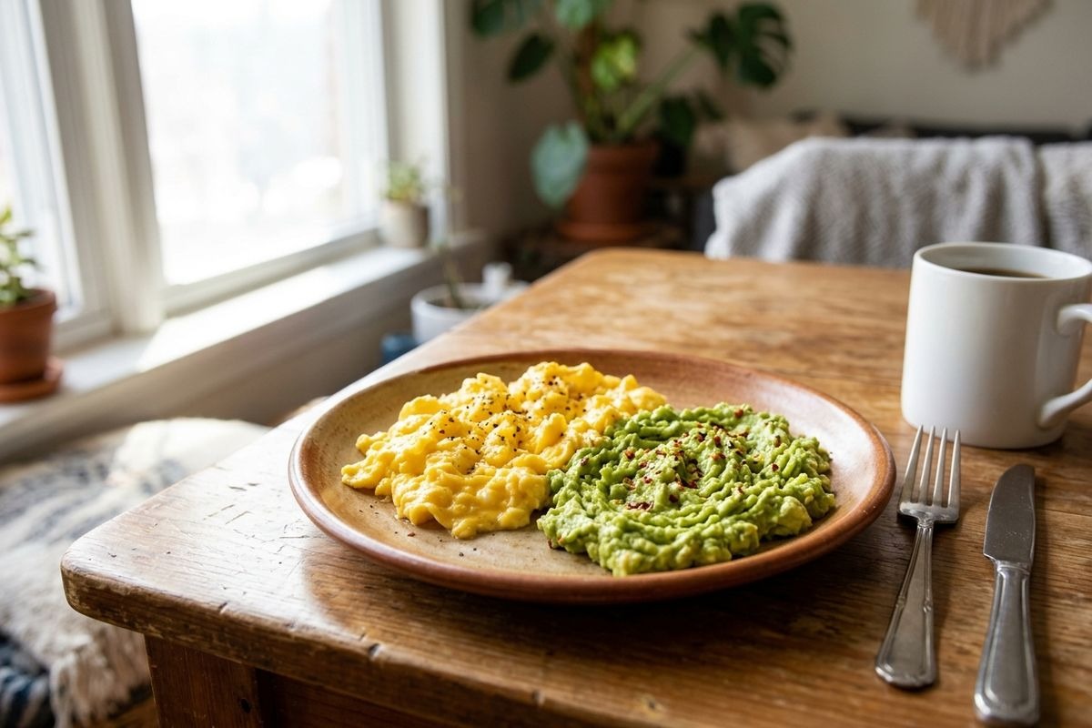 A plate of scrambled eggs and mashed avocado on a wooden table, with a coffee mug, fork, and knife beside it.