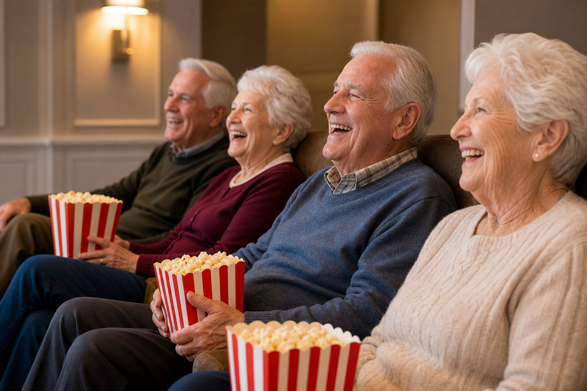 Four older adults sit in a row, holding striped popcorn boxes and laughing and smiling as they watch a movie off-screen.
