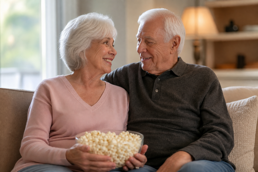 Two older adults sit close on a couch, smiling at each other, holding a bowl of popcorn.