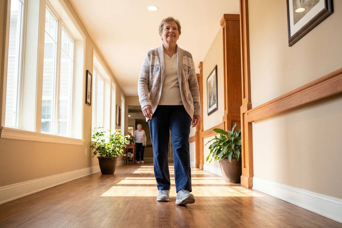 An older adult walks and smiles down a sunlit hallway, with another person in the background.