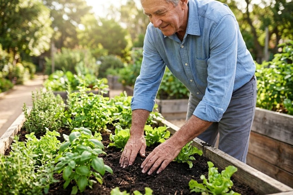 Older adult pressing soil with both hands in a raised garden bed of lettuce and herbs, smiling.