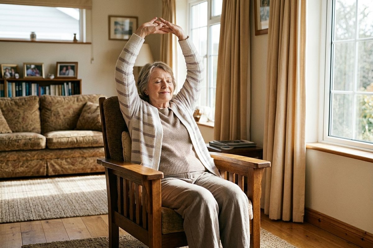 Older adult stretching arms overhead while sitting in a wooden armchair in a sunlit living room.