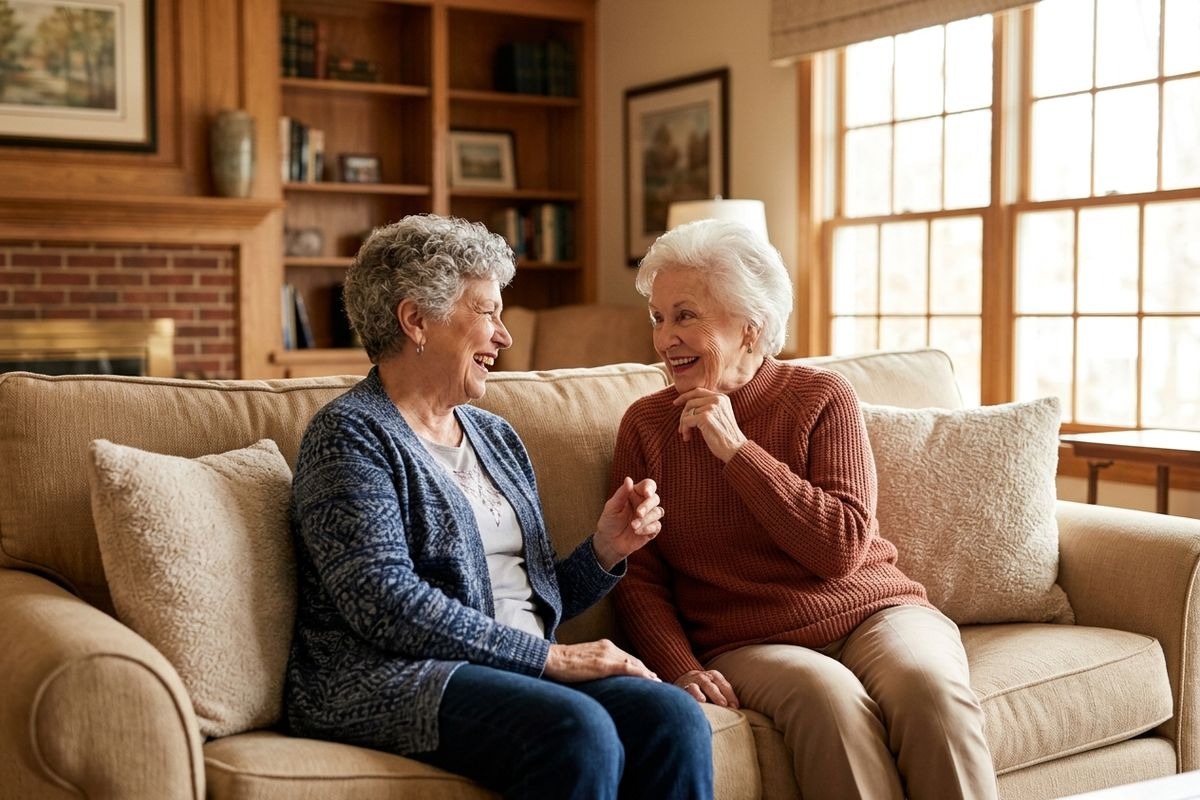 Two seniors sit together on a beige sofa, smiling and talking, in a living room with bookshelves and a brick fireplace.