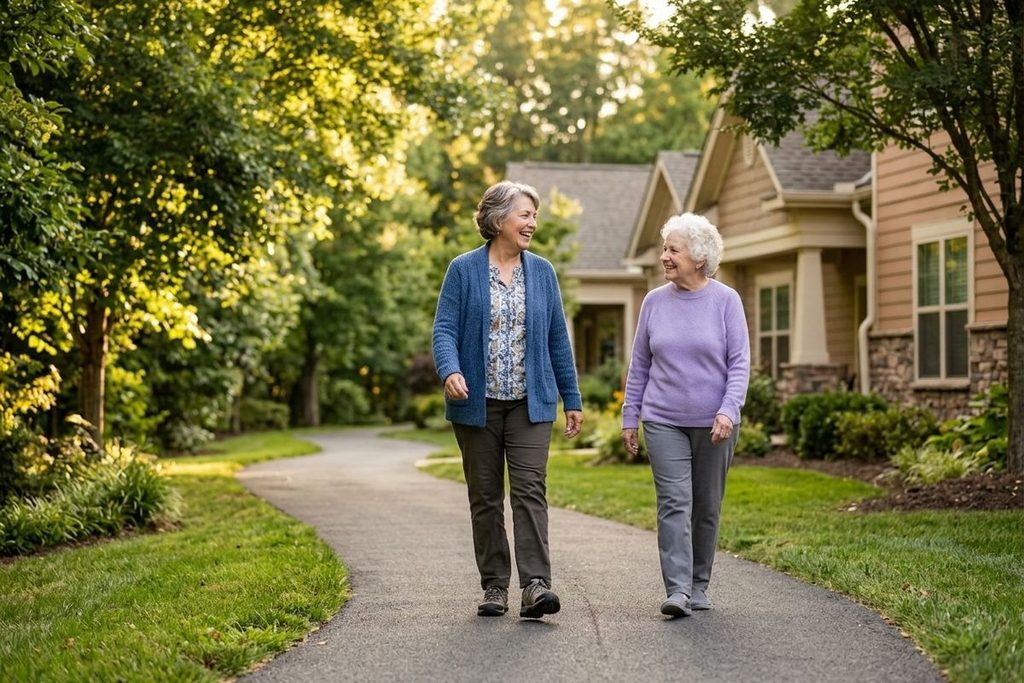 Two seniors walk and smile along a tree-lined path beside houses.